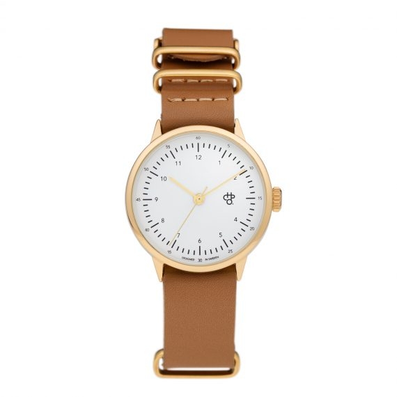 Gold White Dial, Brown Leather Strap