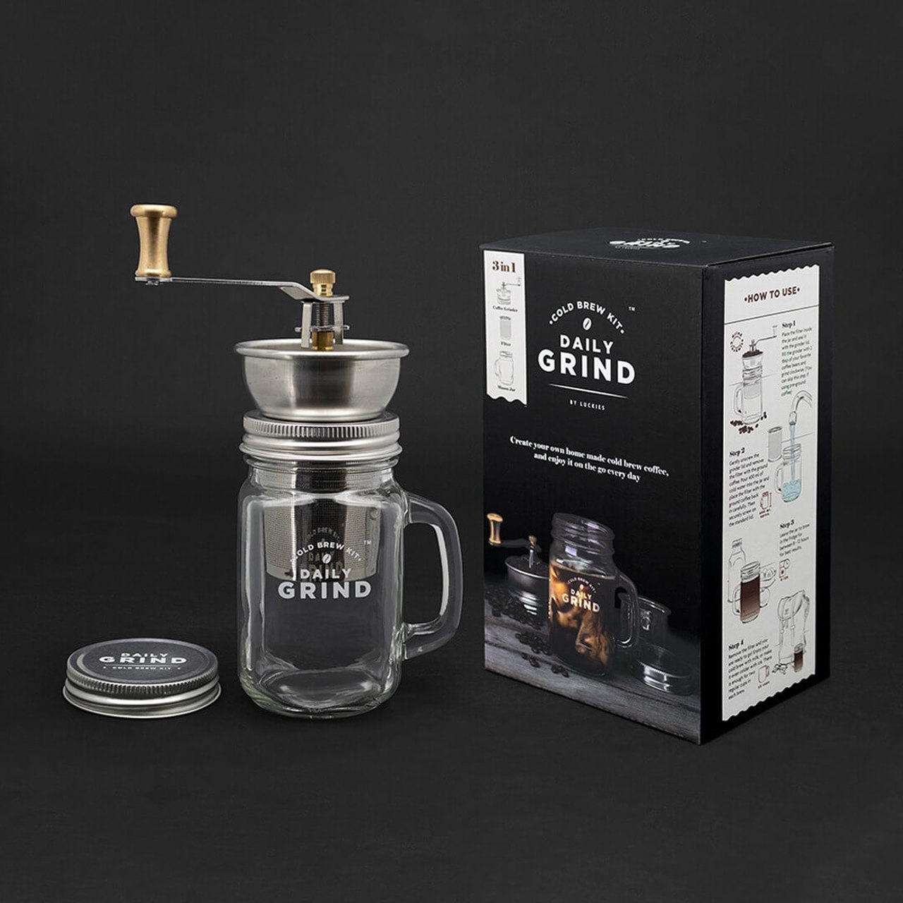 Daily Grind Cafetiere Cold Brew Gift Set (Mason Jar Mug & Coffee Bean Grinder)