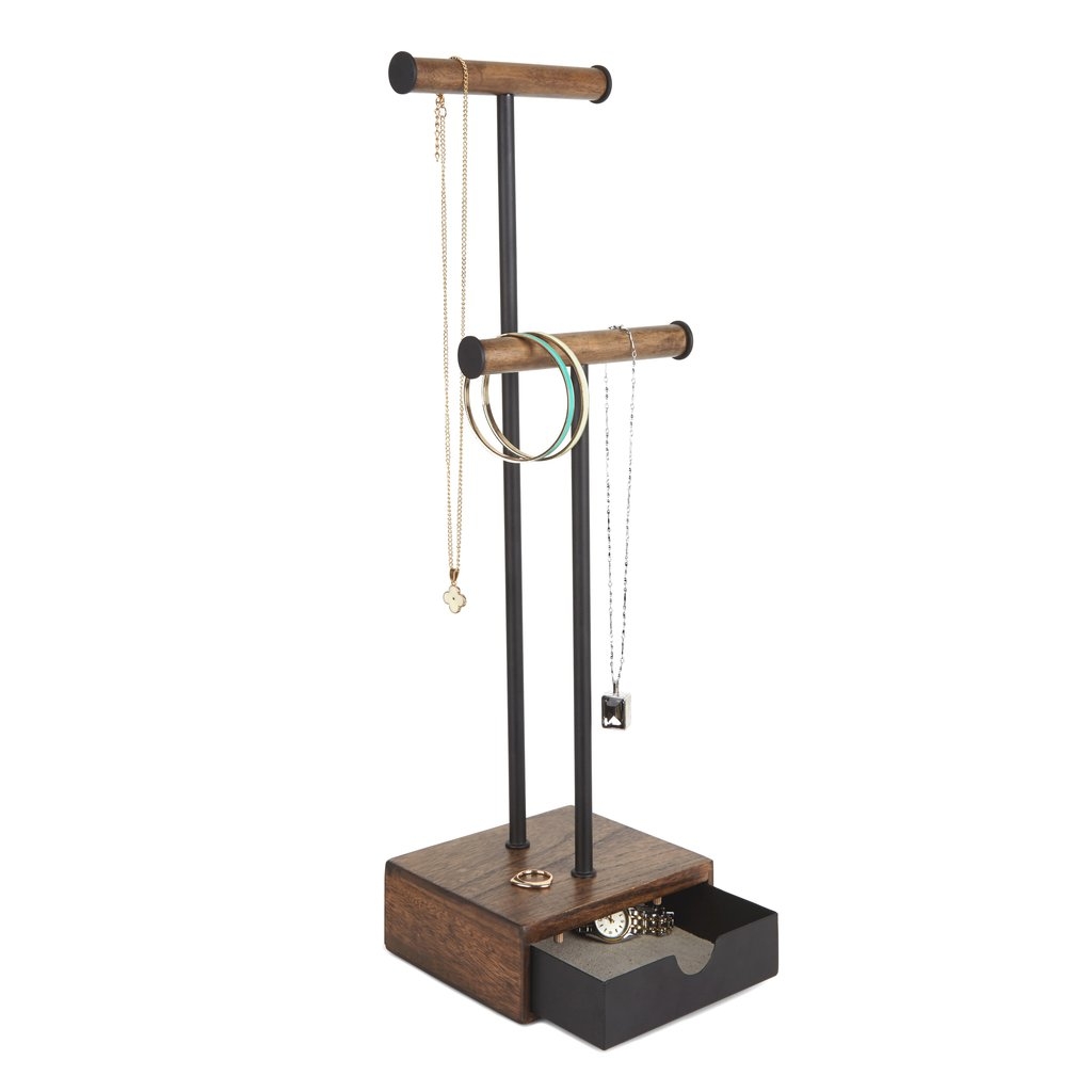 Walnut & Black Metal Pillar Jewelry Stand