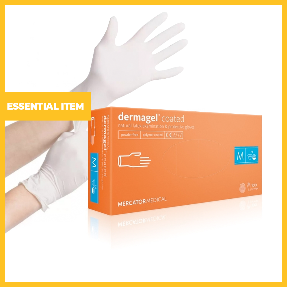 Pack of 100 Dermagel Coated Natural Latex Examination and Protective Gloves