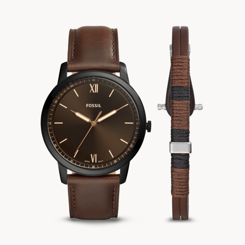 Men's Three-Hand Brown Leather Watch and Bracelet Box Set