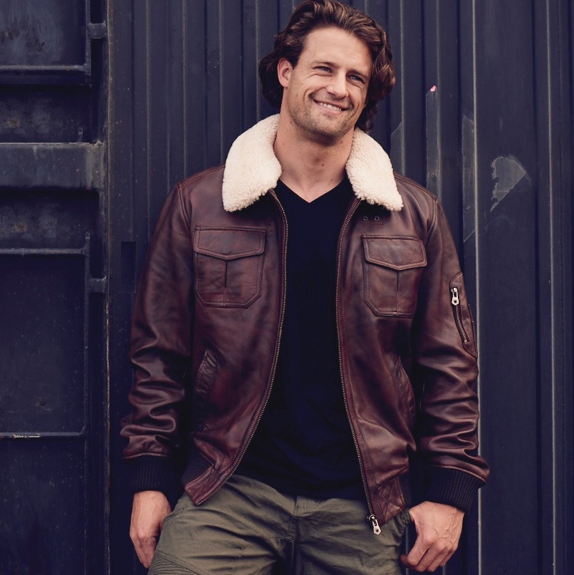 Men's Franco Sherpa Collar Bomber Leather Jacket