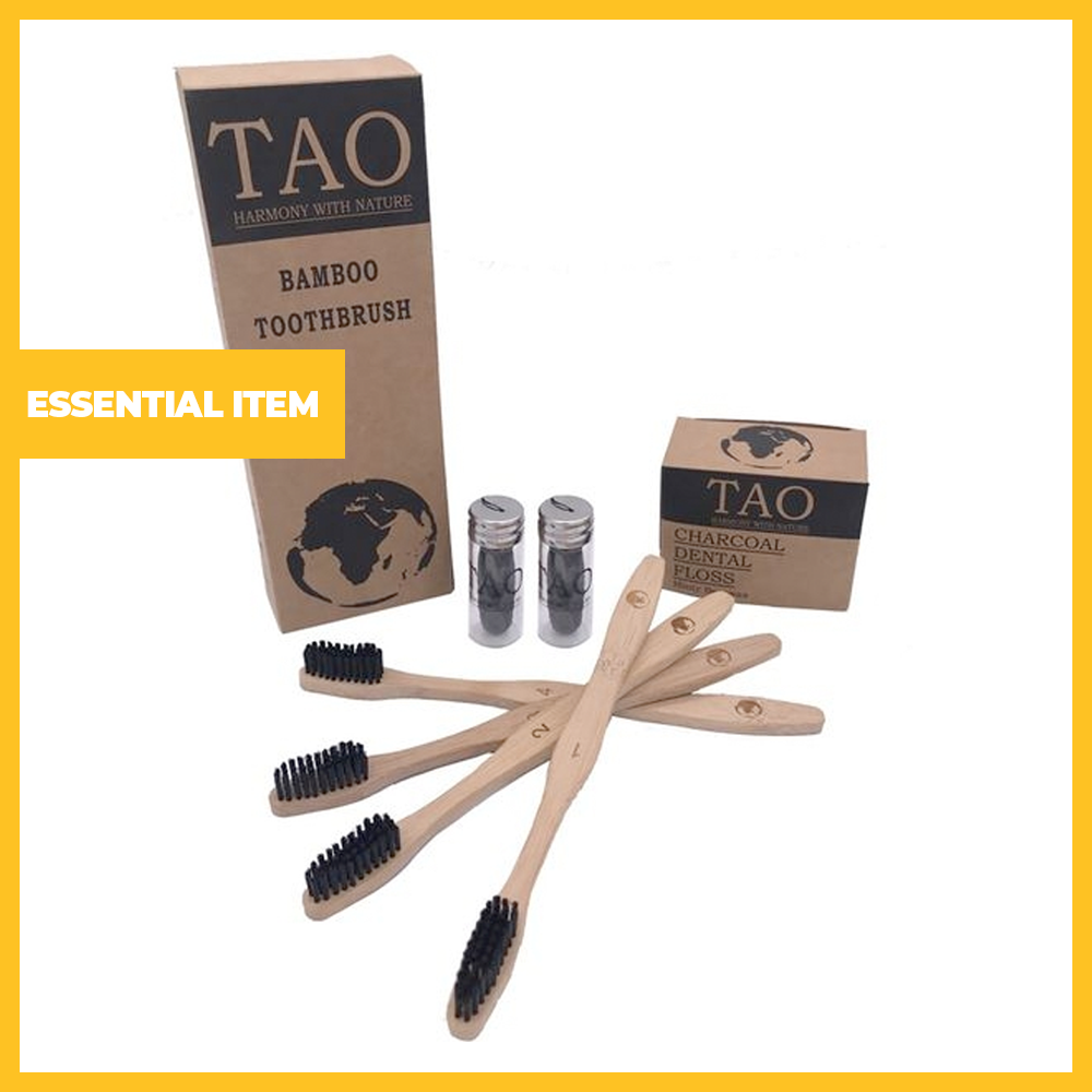 Charcoal Bamboo Toothbrushes & Dental Floss (4 Brushes, 2 Rolls of Floss)