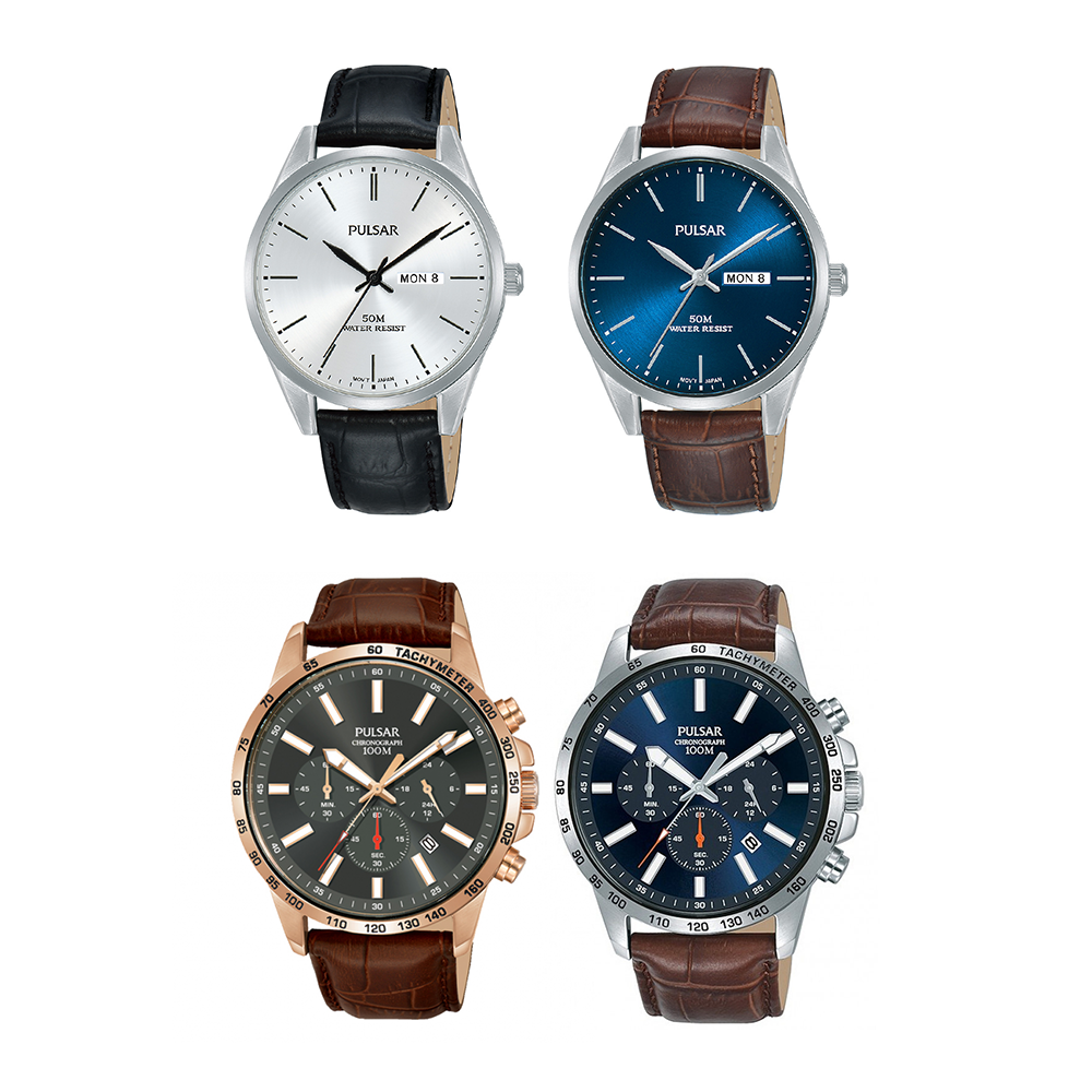 Men's Stainless Steel Leather Strap Watch (Multiple Options Available)