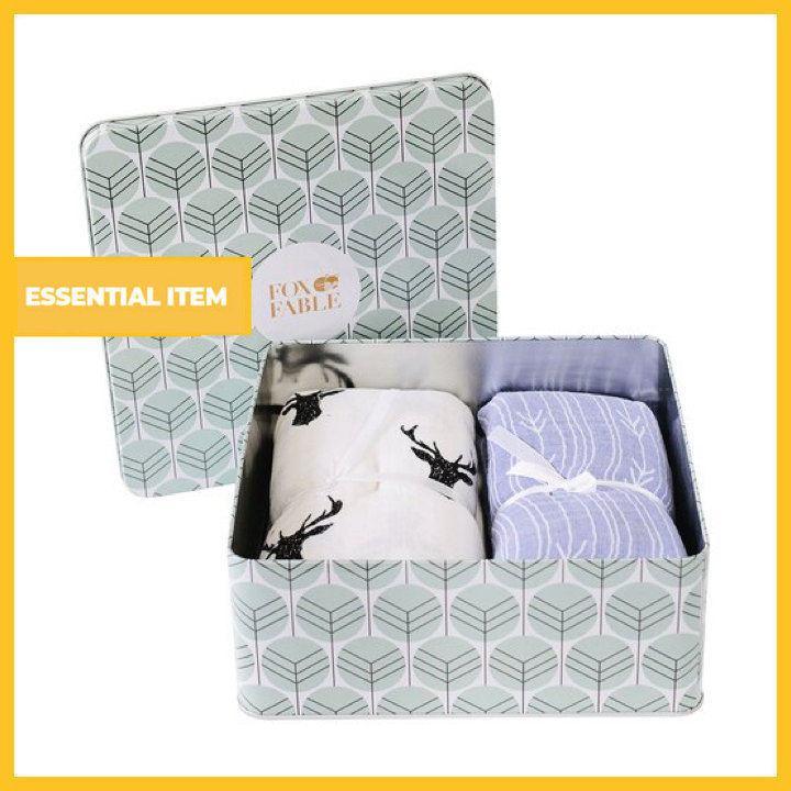 Set of 2 100% Cotton Muslin Baby Blankets with Bespoke Tin