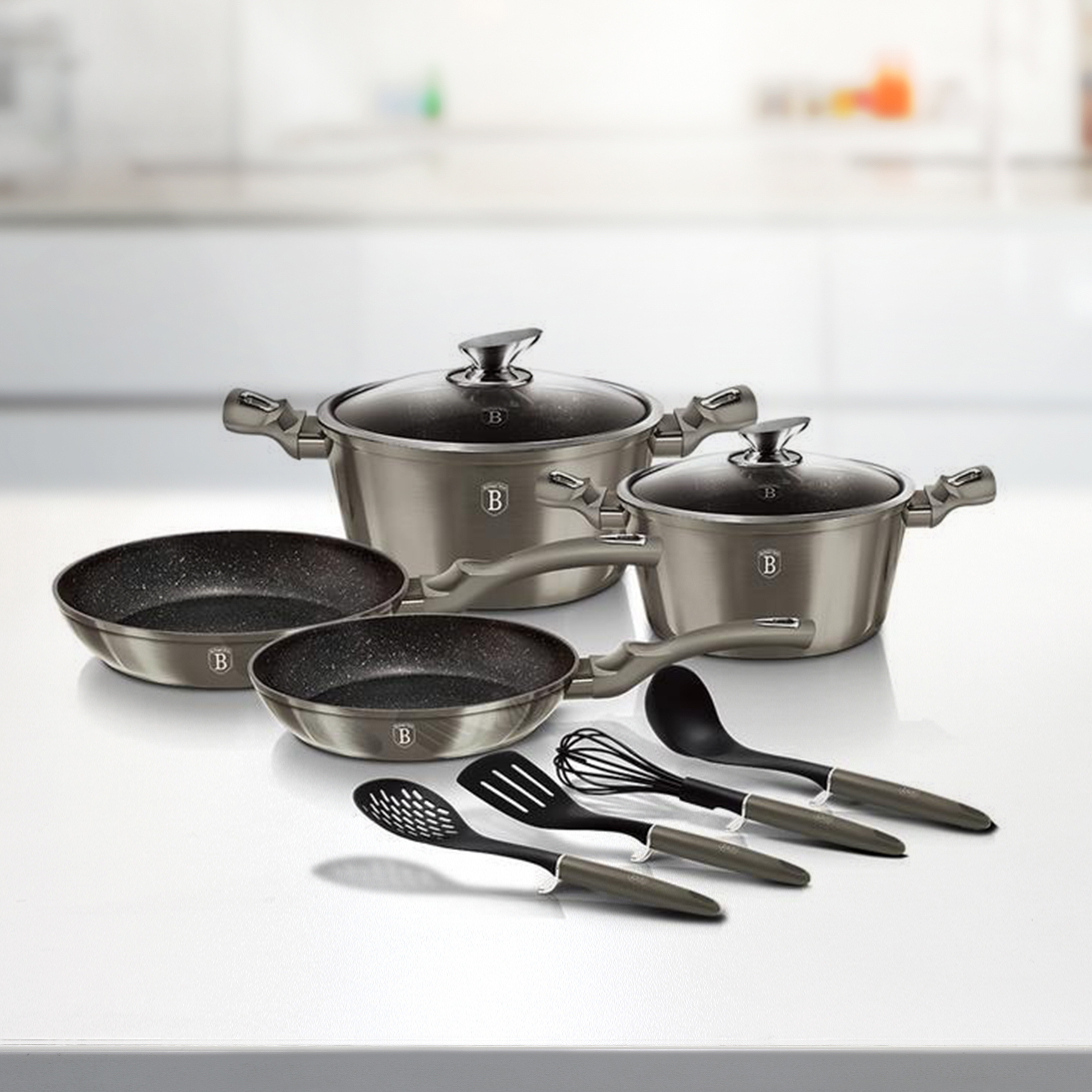 10-Piece Metallic Line Marble-Coated Cookware Sets (More Colours Available)