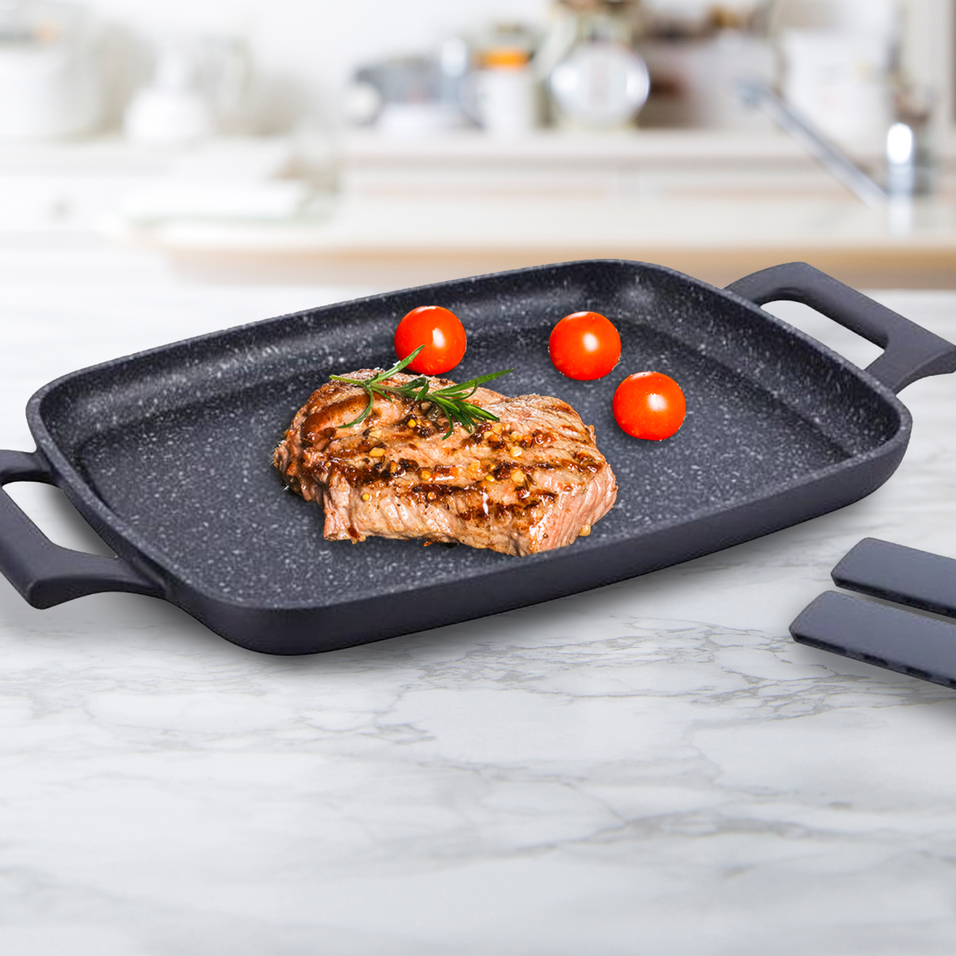 47cm Non-Stick and Marble Coated Grill Plate with Removable Silicone Handles
