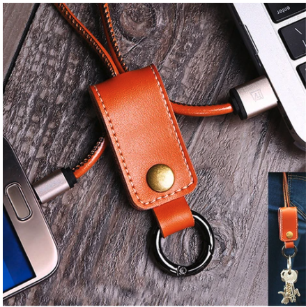 Lightning/ Micro USB to USB Cable w/ Genuine Leather Travel Keyring