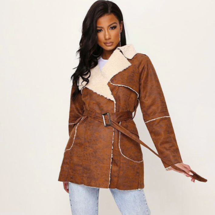 Ladies Tan Faux Suede Contrast Jacket