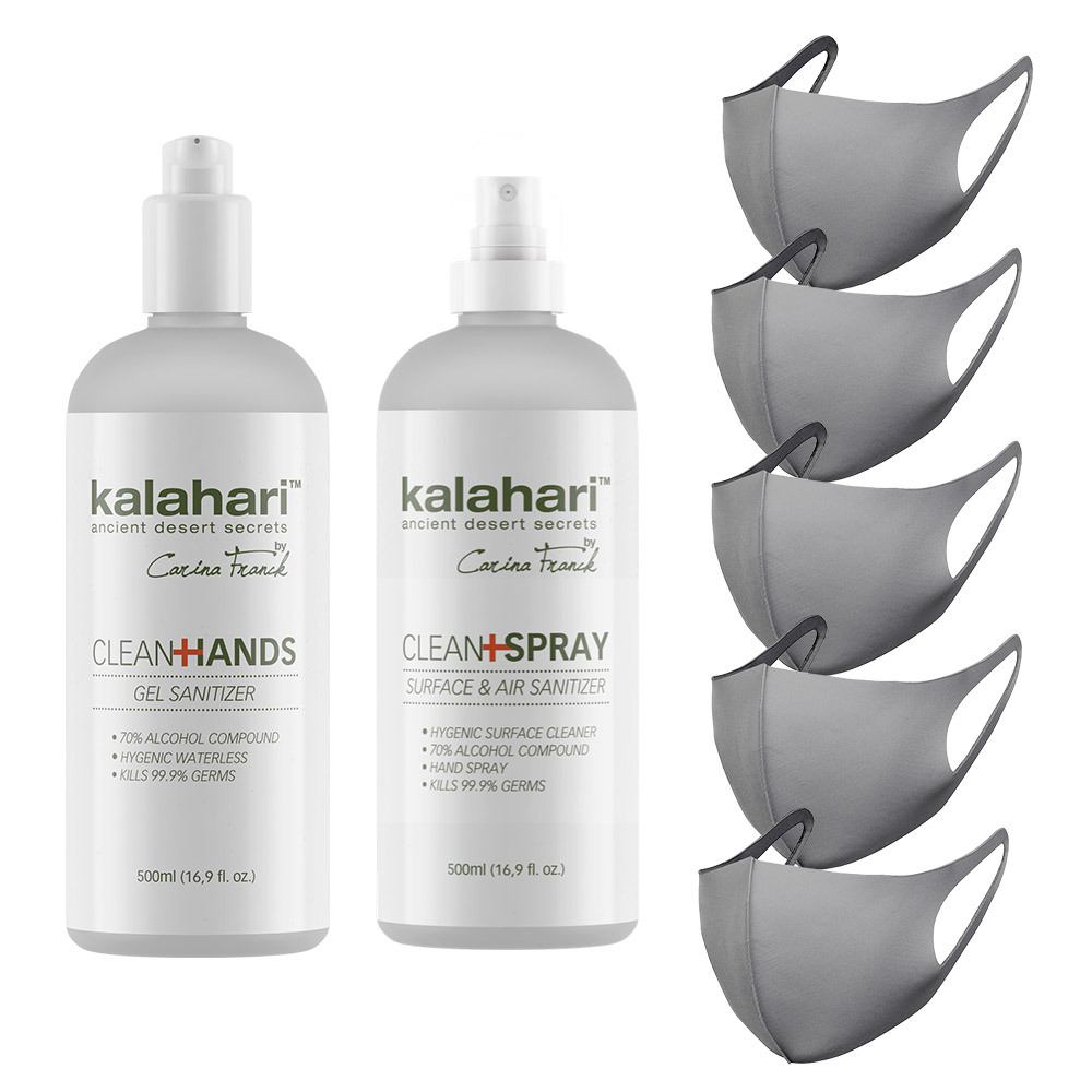 7-Piece Waterless Clean+ Bundle (2 x Hand Sanitisers & 5 x Masks)