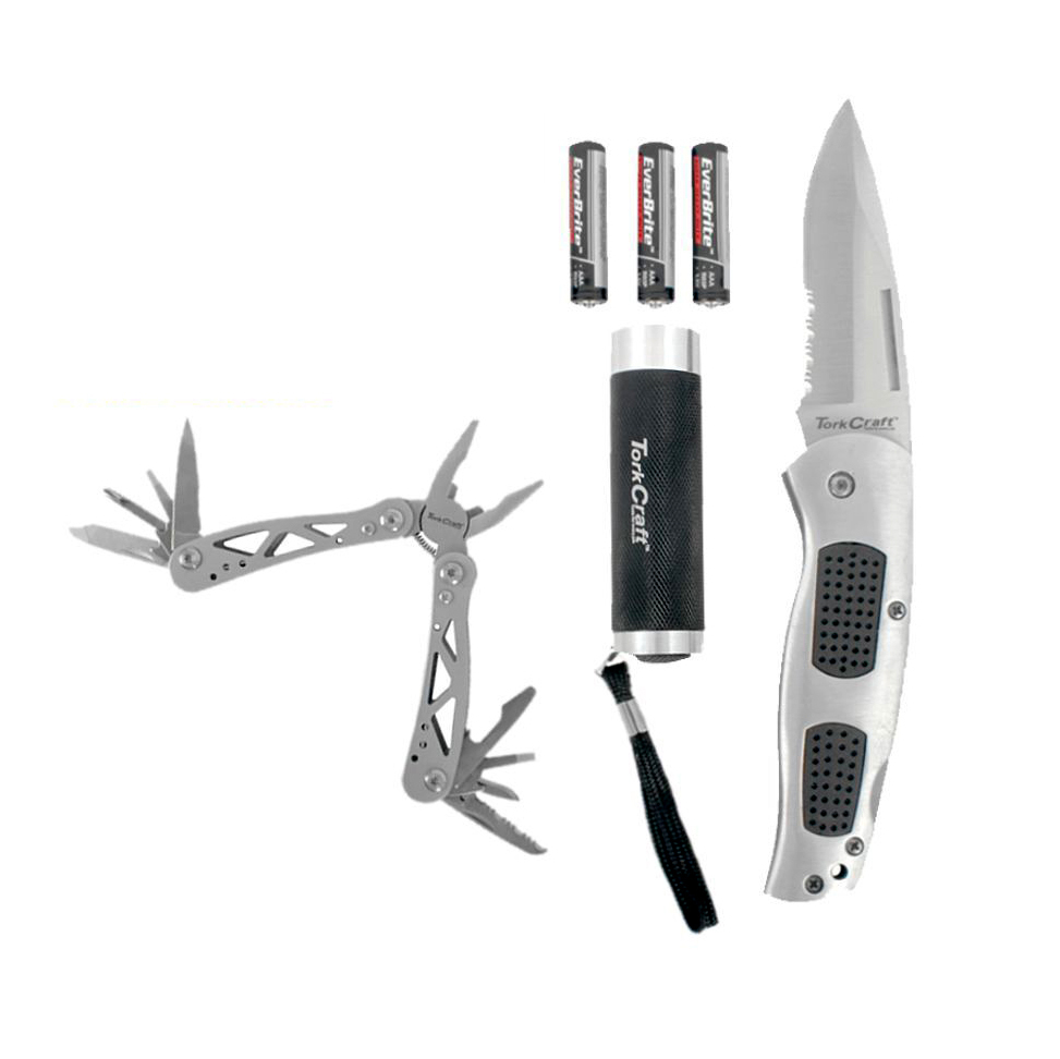 3 Piece Multi-tool Set (LED Flash Light, Utility Knife, 8 Function Multitool and 3x AAA Batteries)