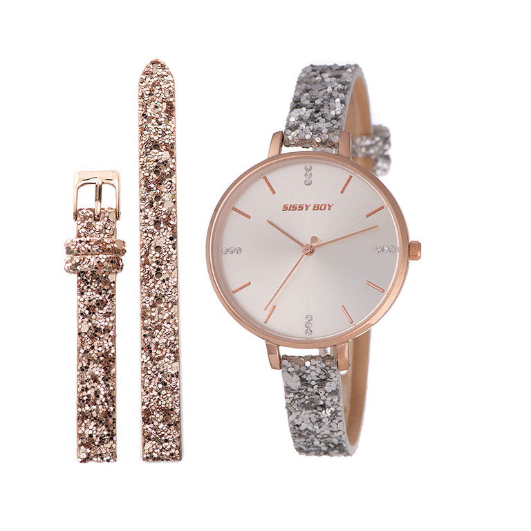 Glamour Watch with 2 Leather Straps