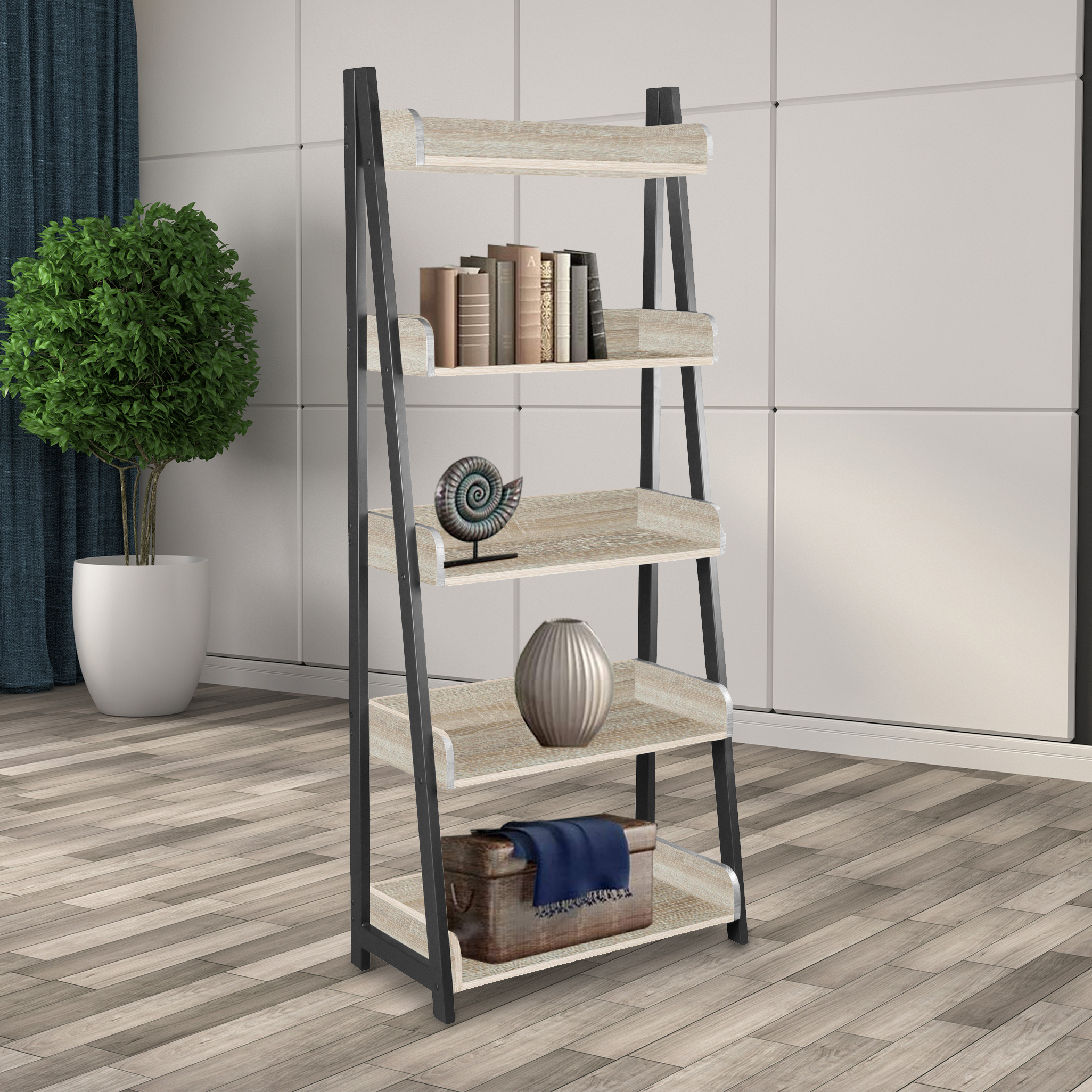 Bookcase with Black Metal Frame and Grey Wood Shelves