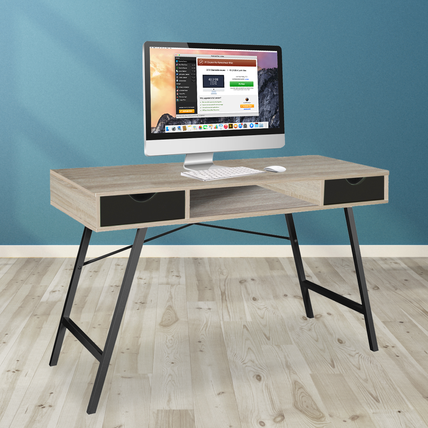 Workstation with Modern Black Metal Frame and Grey Wood Shelves