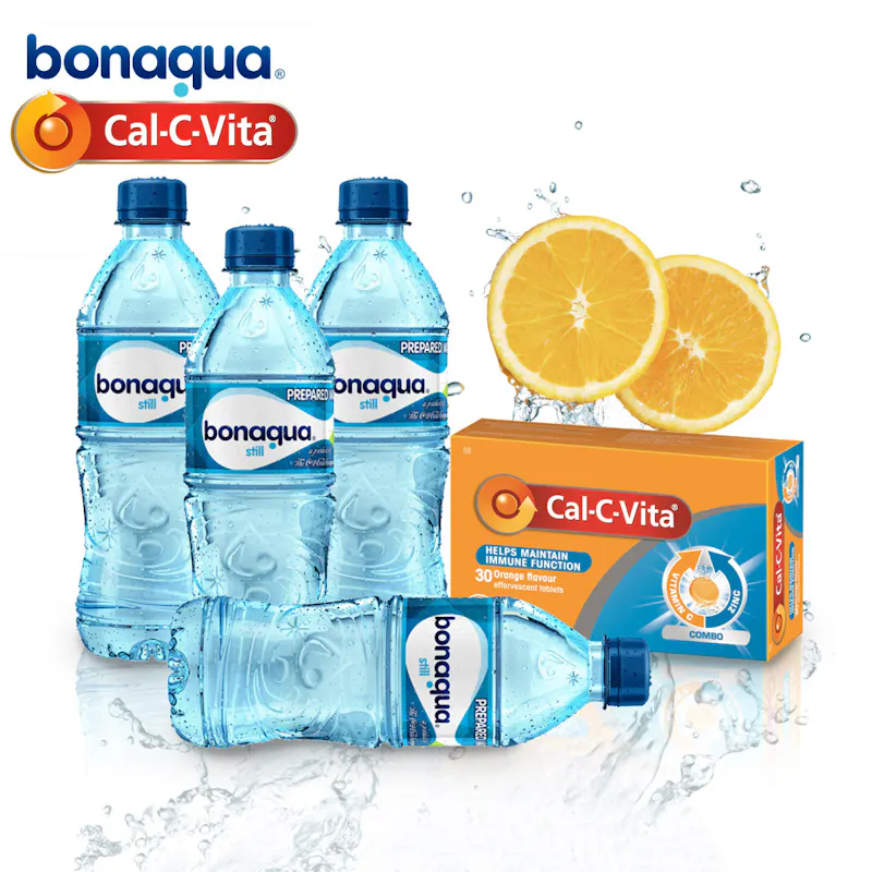 30 Cal-C-Vita Effervescent Tablets and 24 x 500ml Still Bonaqua Water Bottles 30 Cal-C-Vita Effervescent Tablets and 24 x 500ml Still Bonaqua Water Bottles