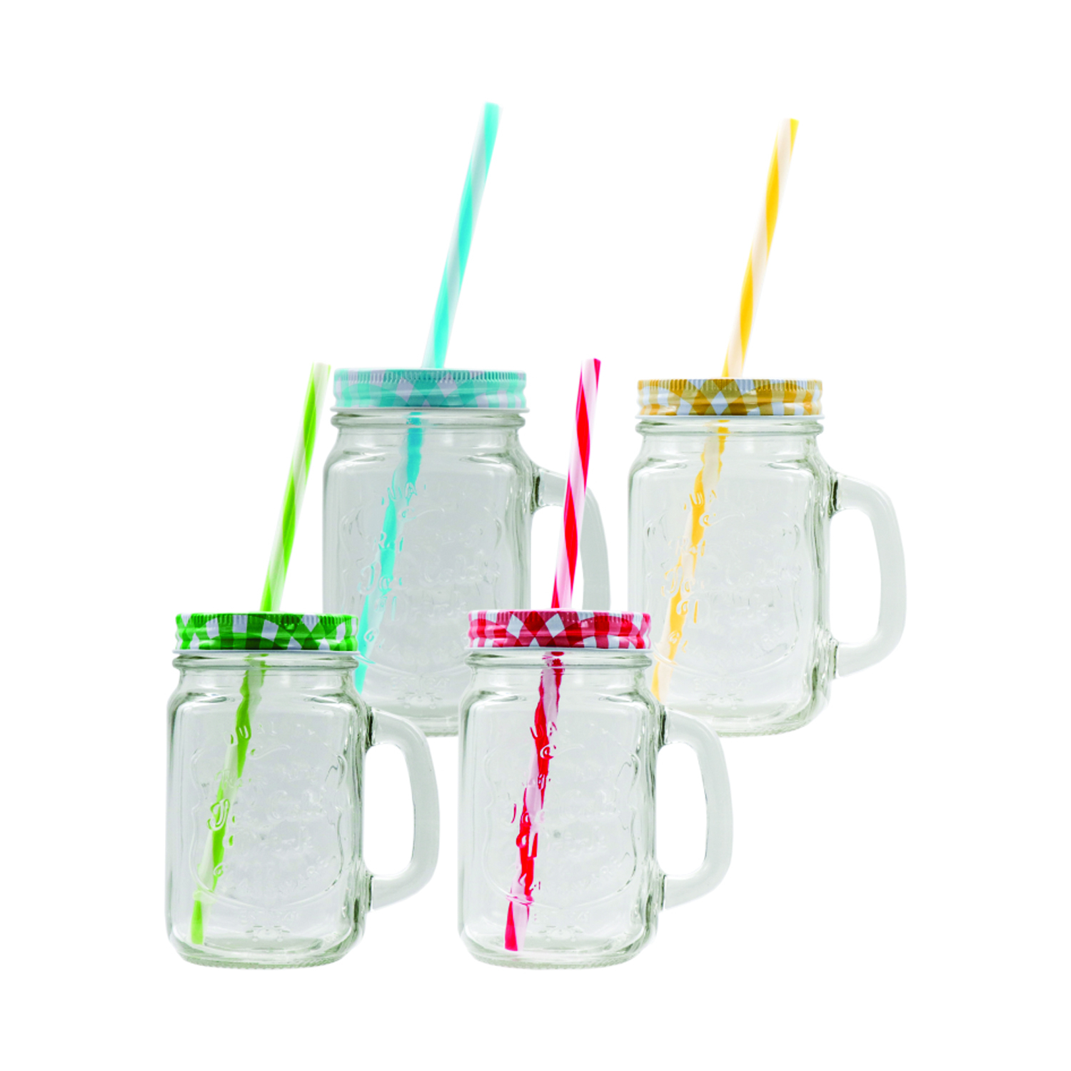 Set of 4 450ml Mason Jars with Coloured Lids & Straws