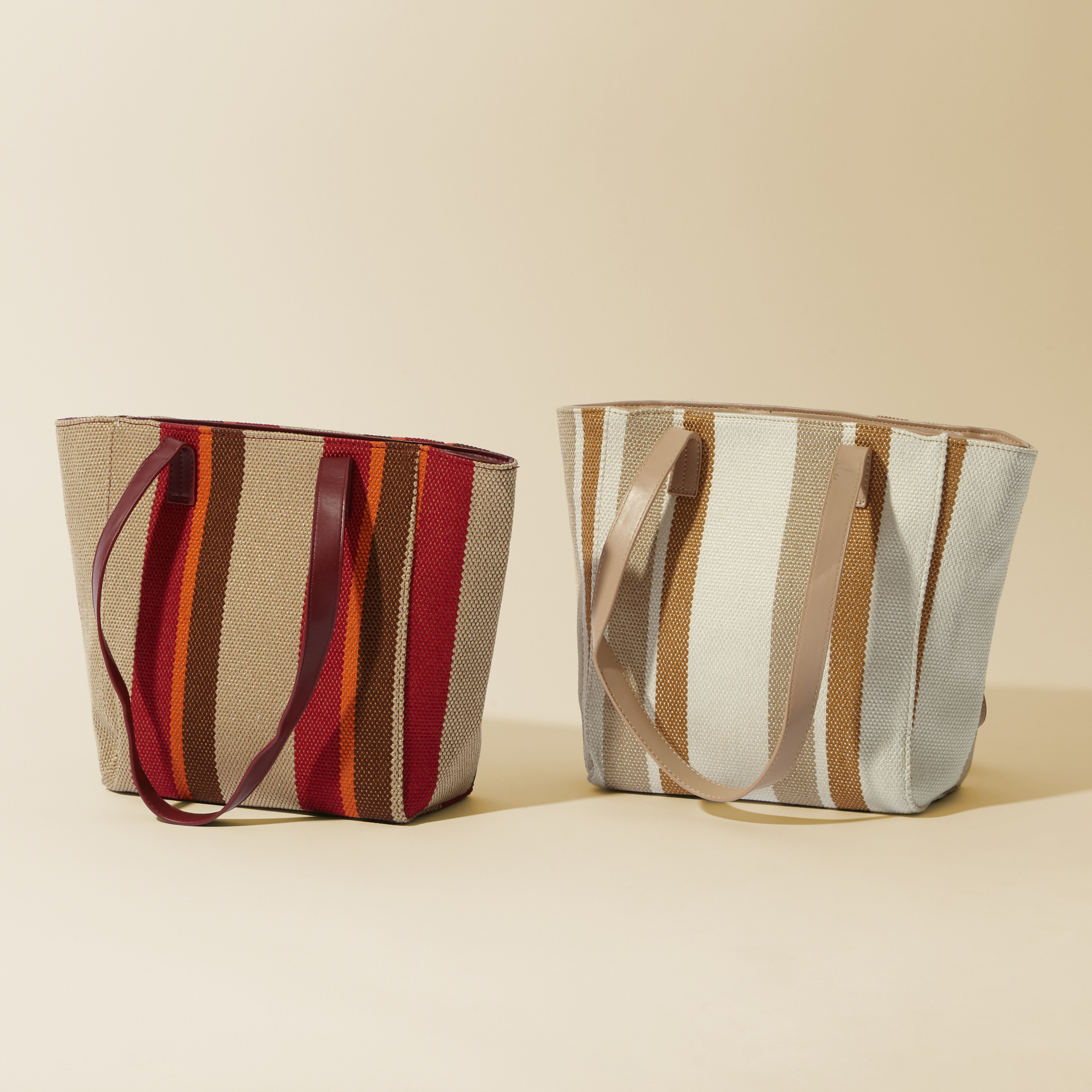 Striped Dual Fabric Trapeze Shape Tote Bag