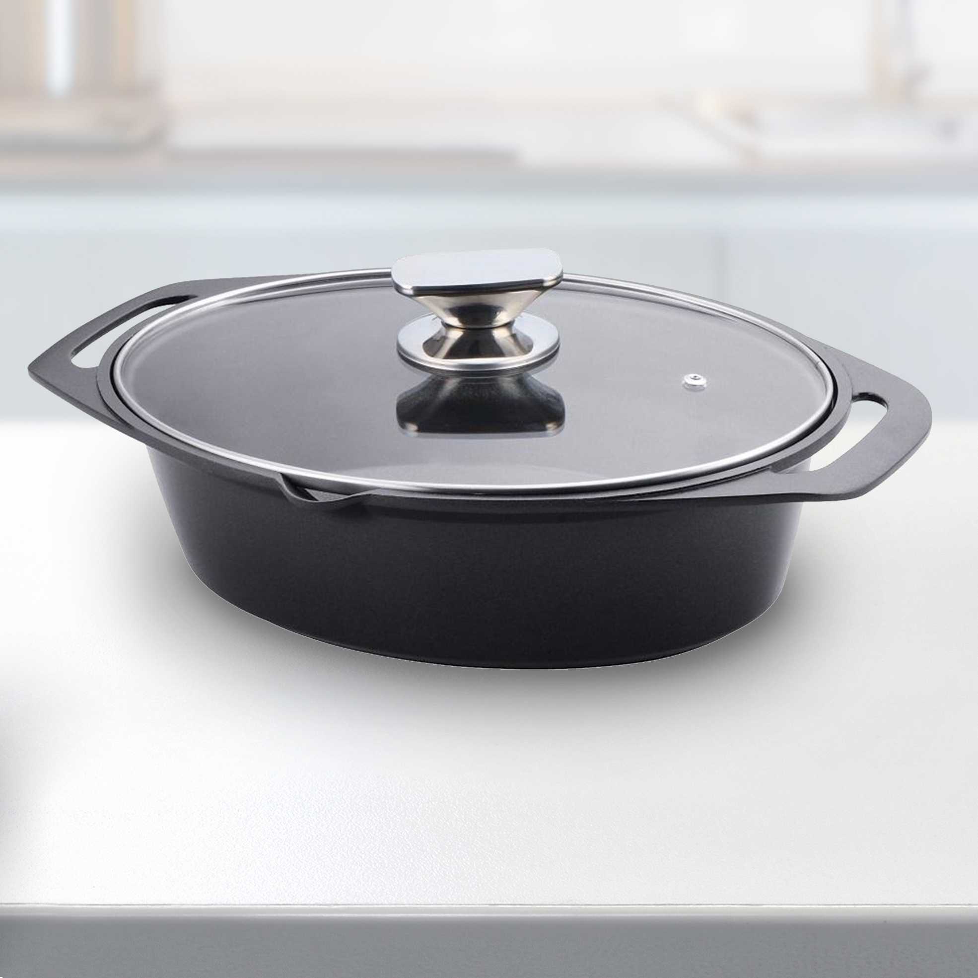 32cm Oval Marble Coated Roaster Pot with Glass Lid