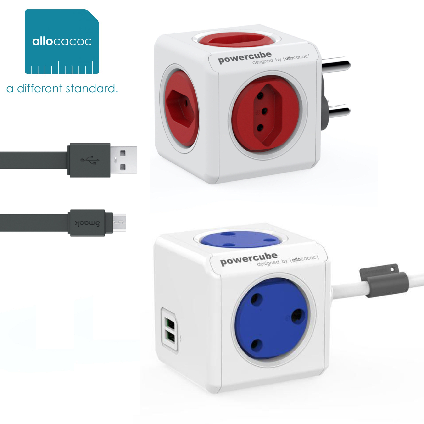 PowerCube USB N Red + USB MM 1.5m Blue Extension Adapters with Micro USB Cable
