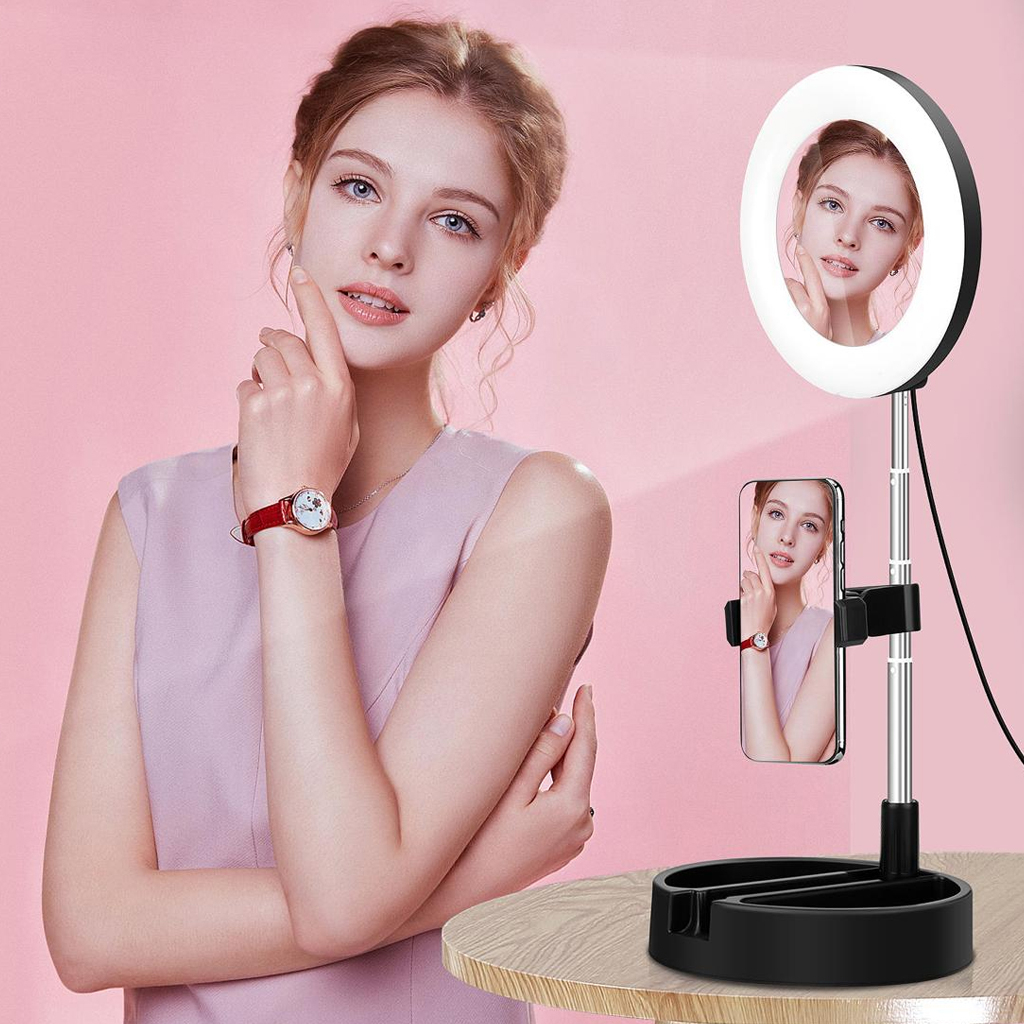 Fully Collapsible Portable Selfie Light and Mirror with Telescopic Stand