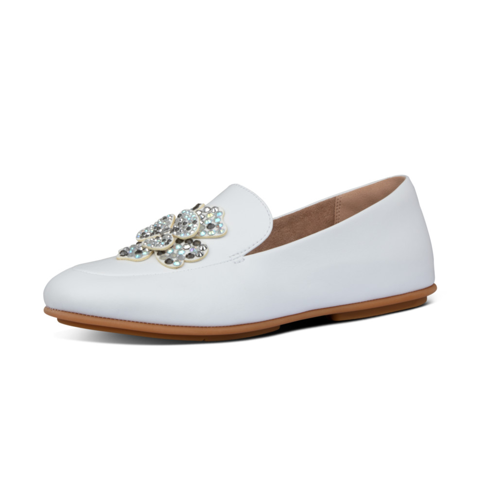 Ladies Lena White Leather Corsage Loafers