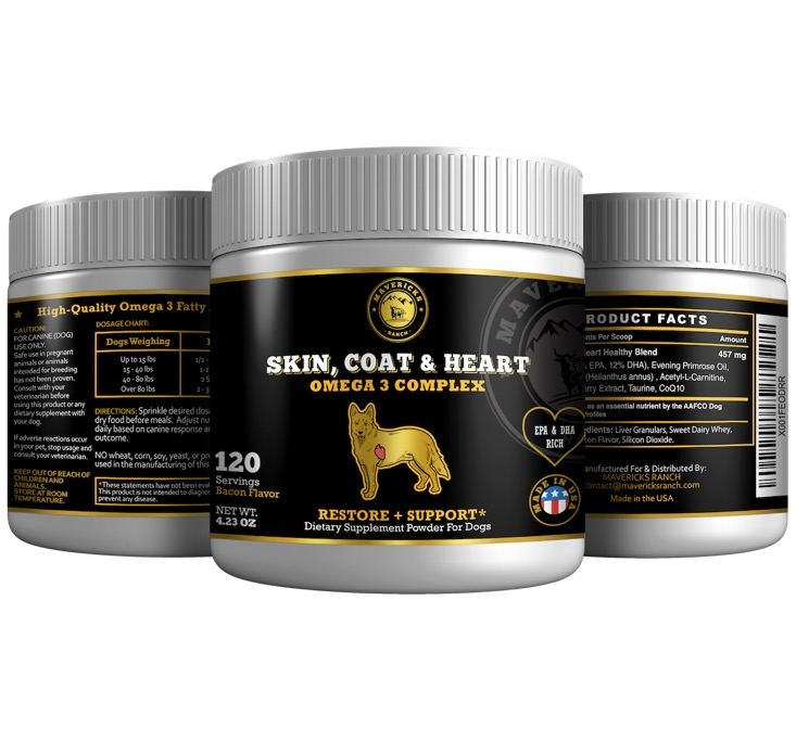 Skin, Coat & Heart Omega 3 Complex Dietary Supplement Powder for Dogs (120 Bacon Flavour Scoops)