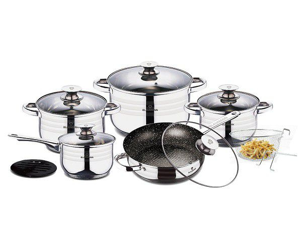13-Piece Stainless Steel Jumbo Cookware Set With Marble Coating Fry Pan