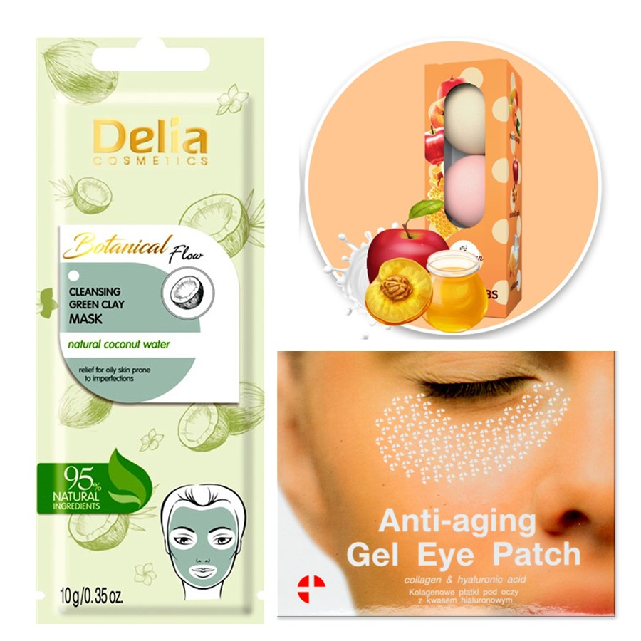 5-Piece Self Care Bundle Including a Clay Mask, Anti-Aging Eye Patches and Bath Bombs