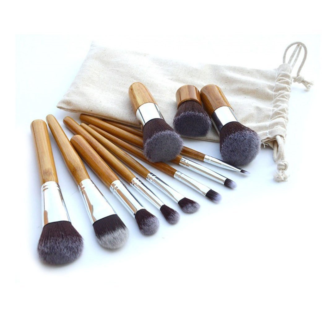 11-Piece Bamboo Makeup Brush Set with Cotton Bag