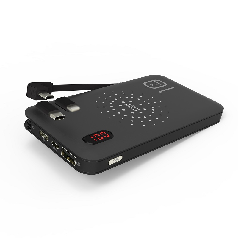 10000mAh Wireless Charging Power Bank with Built-in Charging Cable (Lightning, Micro USB & Type C)