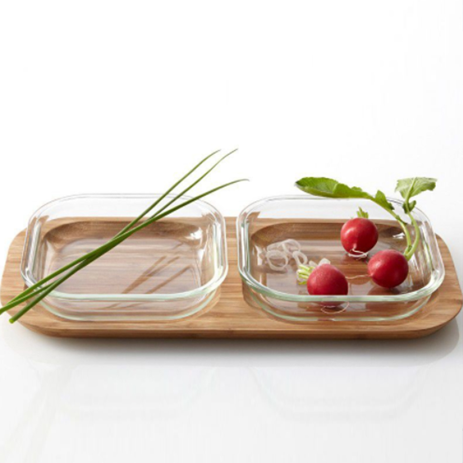 Wooden Serving Platter with Glass Bowls