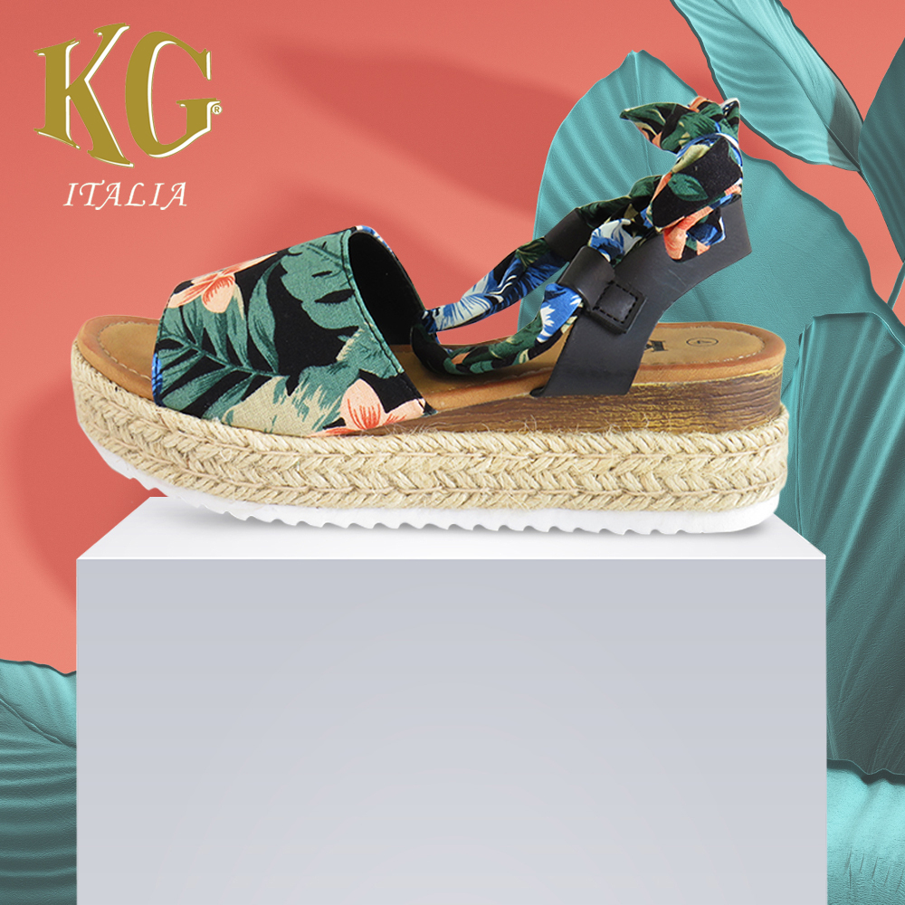 Ladies Congo Floral Printed Canvas Wedge Espadrilles