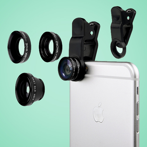 3-in-1 Camera Lens with Clip for Smartphone & Tablets (Wide, Macro & Fish Eye Lenses included)