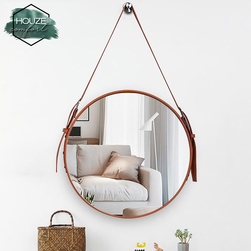 Tan Buckled Round Hanging Mirror