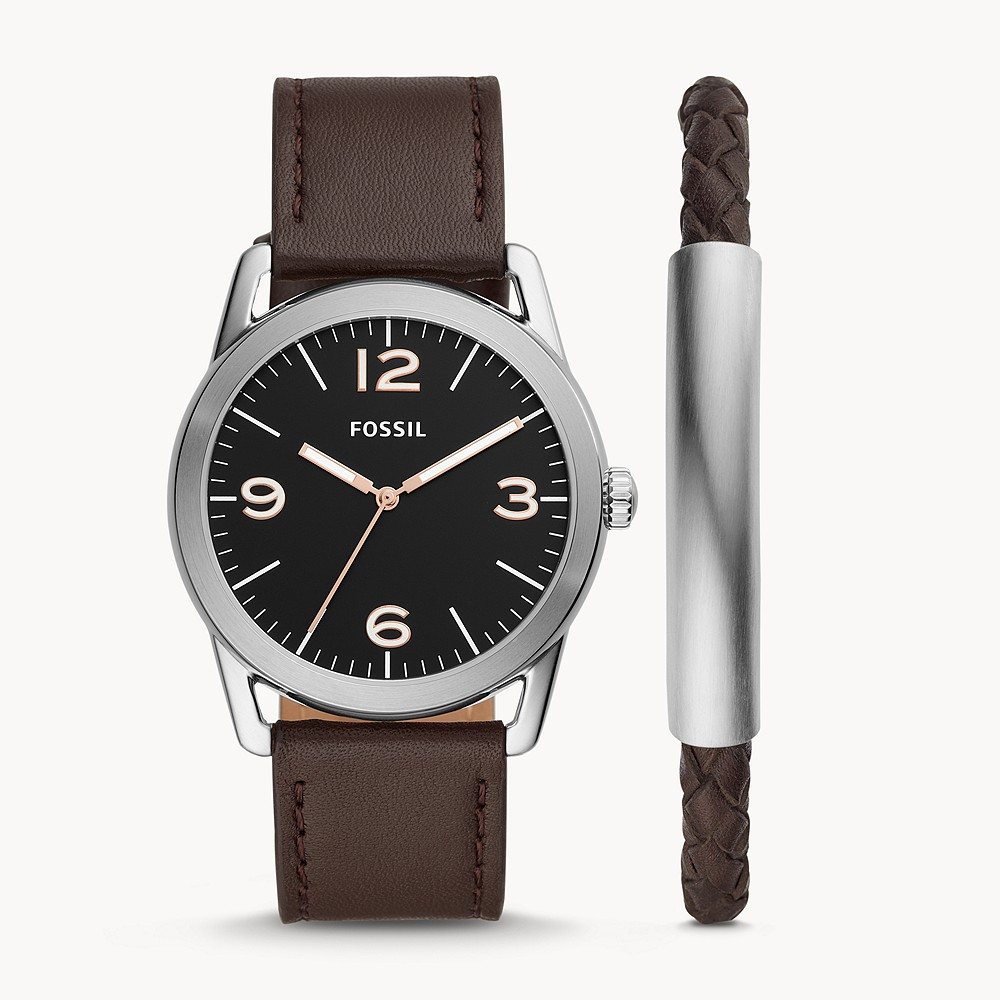 Men's Ledger Brown Leather Watch and Bracelet Set