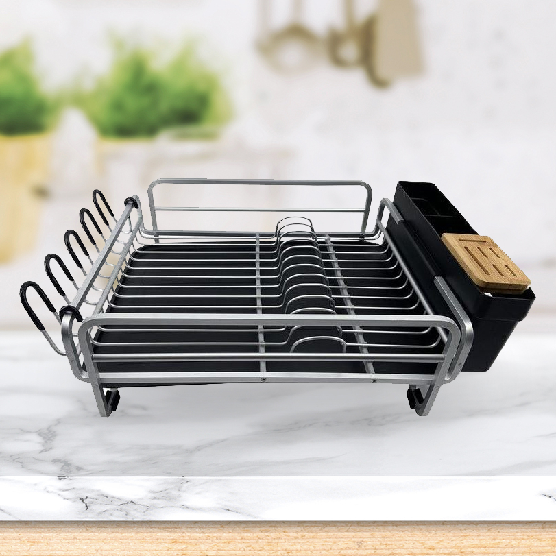 Silver Aluminium Dish Drying Rack with Plastic Tray & Utensil Holder