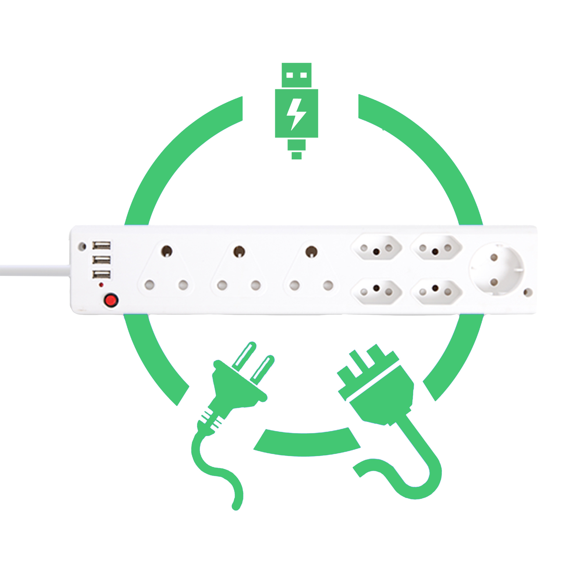 8-Way Multi-Plug 0.5m Extension Cable with 3x USB Ports