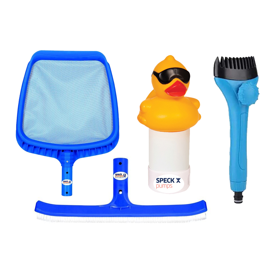 Pack of 4 Swimming Pool Accessories (Filter Cleaning Brush, Curved Brush, Leaf Skimmer & Duck Brominator)