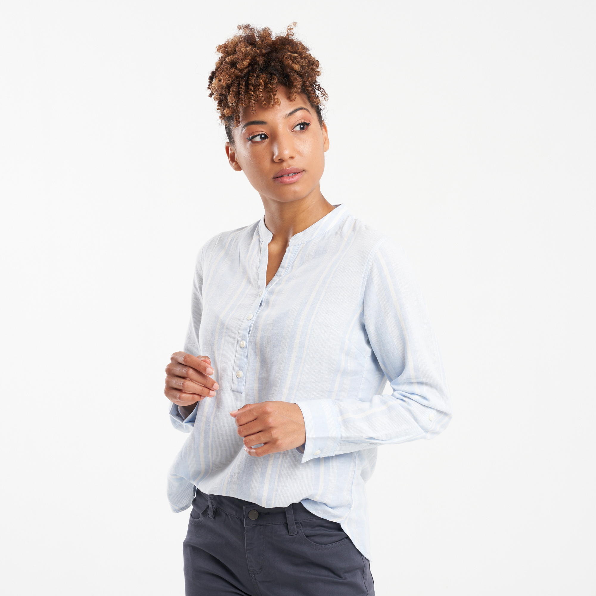 Ladies V-Neck Linen Cotton Shirt
