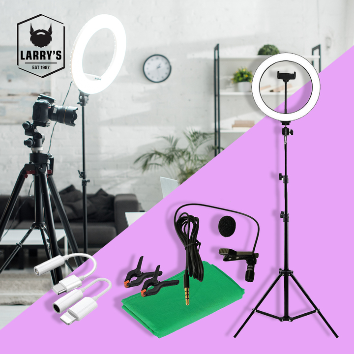 Social Media Kit Including a Green Screen, LED Light, Extendable Tripod and Microphone