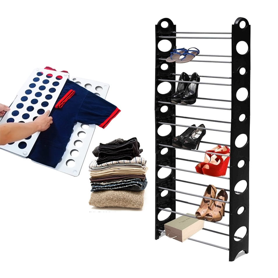 10 Tier Stackable Shoe Rack and Laundry Folder Board Set