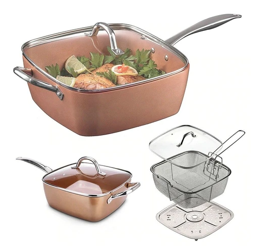 4 Piece Non Stick Copper Pan, Fry Basket and Steam Rack Set