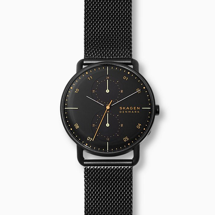 Men's Horizont Black Steel-Mesh Dual Time Watch