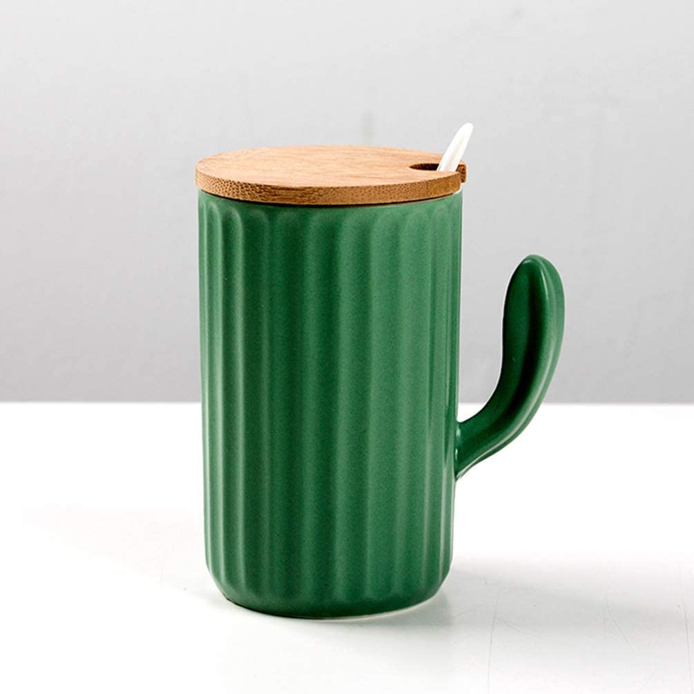 Ceramic Cactus Coffee Mug with Wooden Lid, Handle and Scoop