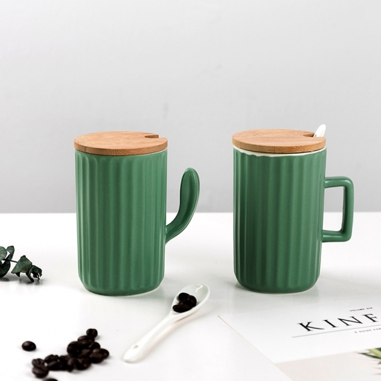 Ceramic Cactus Coffee Mug with Wooden Lid, Handle and Scoop