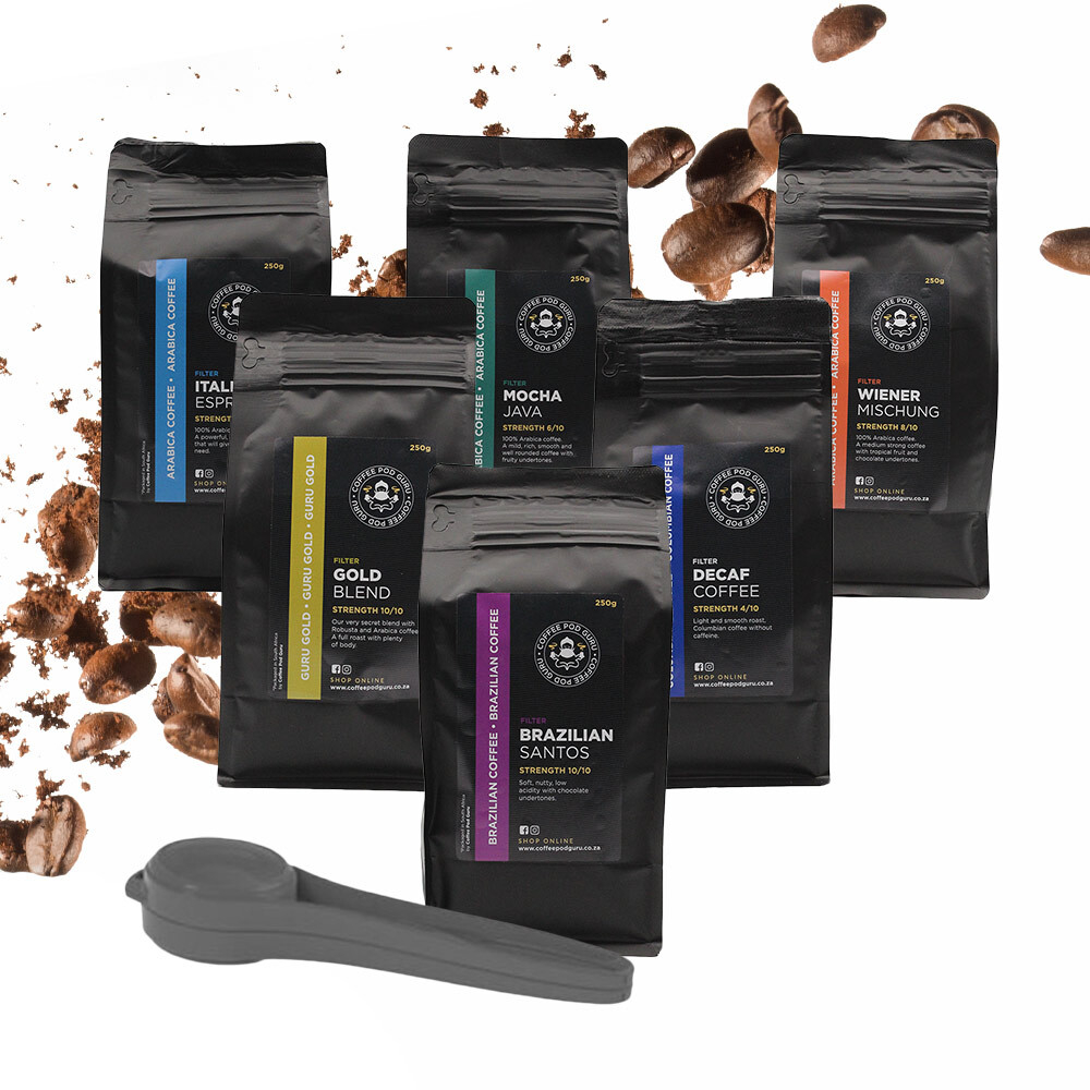 Pack of 6, 250g Filter Coffee Blends & Brew Spoon