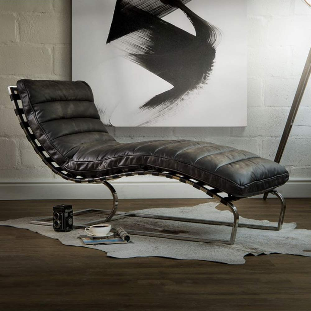 Distressed Black Vintage Full Grain Leather Chaise