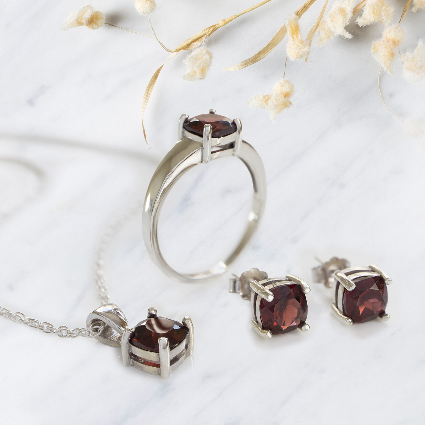 Silver Solitaire 1.25CT Garnet Ring, Stud Earrings or Neckpiece