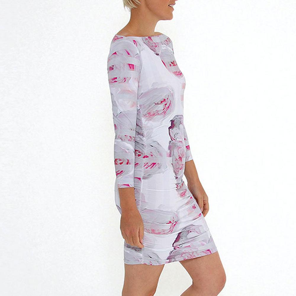 Rose Print Long Sleeve Rouch Dress