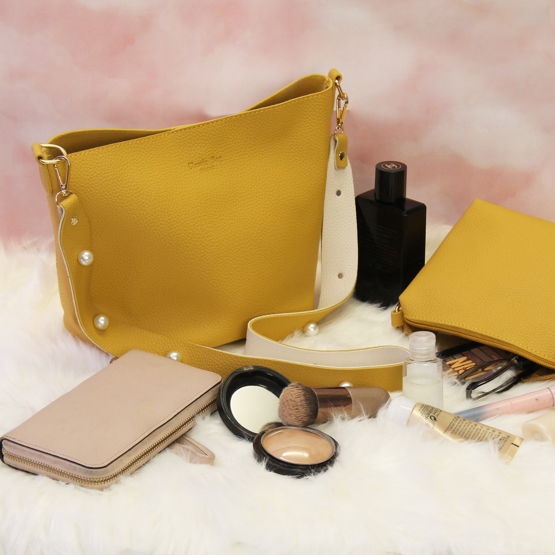 Pearl Studded Shoulder Bag with Matching Mini Cosmetic Bag